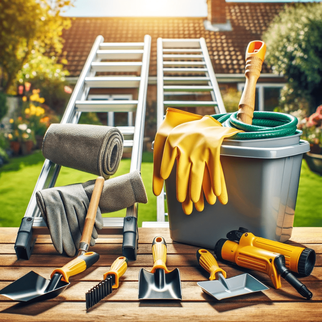 Essential tools for residential gutter cleaning, including a ladder, gloves, and gutter scoop, ready for use