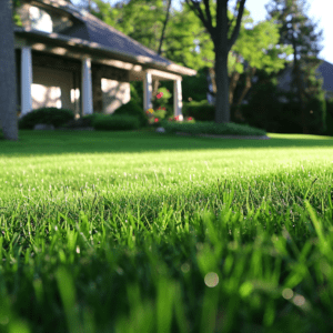 close up of lush green grass with enclosed patio in the background
