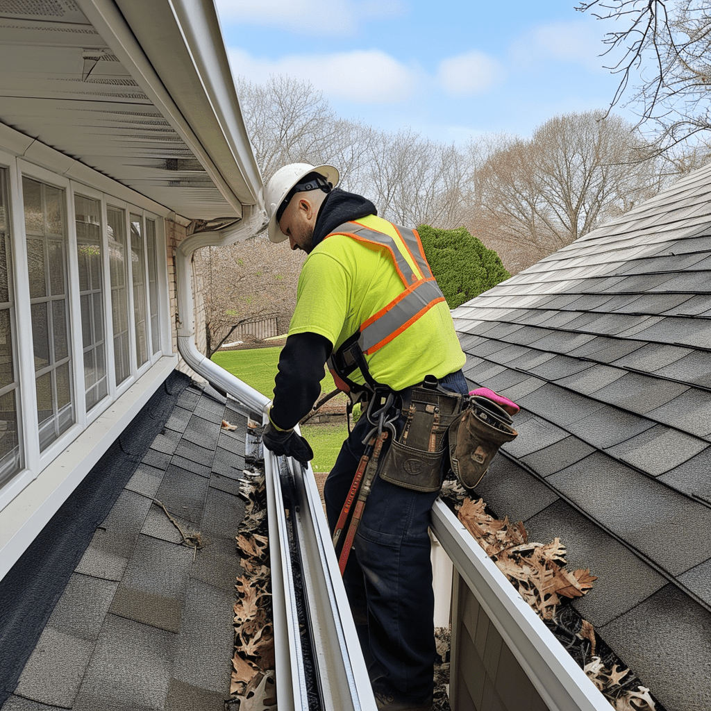Professional gutter cleaning team in action at a British residential property.