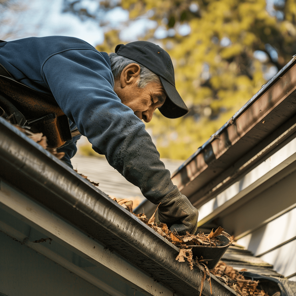 Homeowner cleaning gutters on a two-storey British house, demonstrating the gutter cleaning process